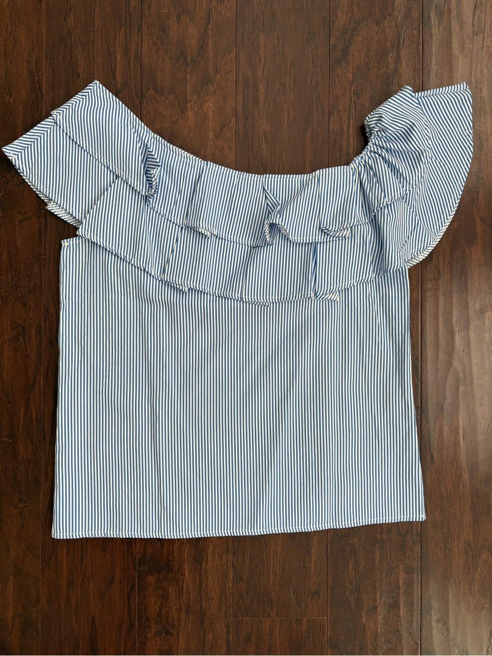 Blue & White Striped One-Shoulder Ruffle Top